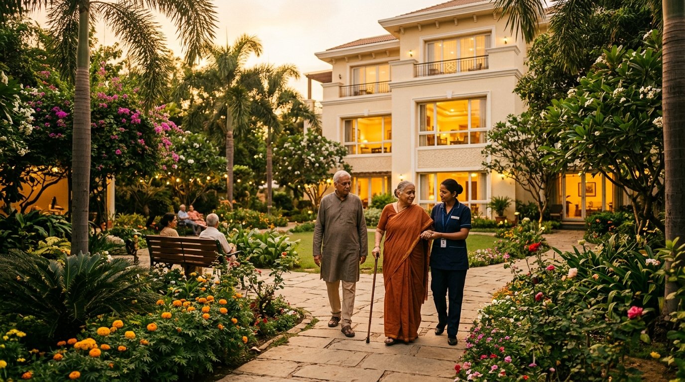 Premium senior living facility garden at golden hour with residents and caregiver
