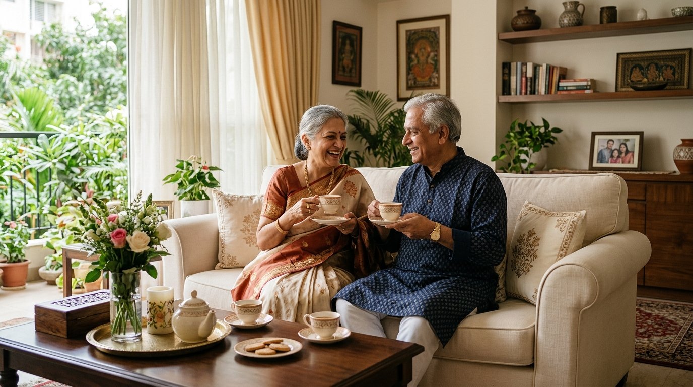 Elegant Indian senior couple enjoying tea in a warm, premium residential living room